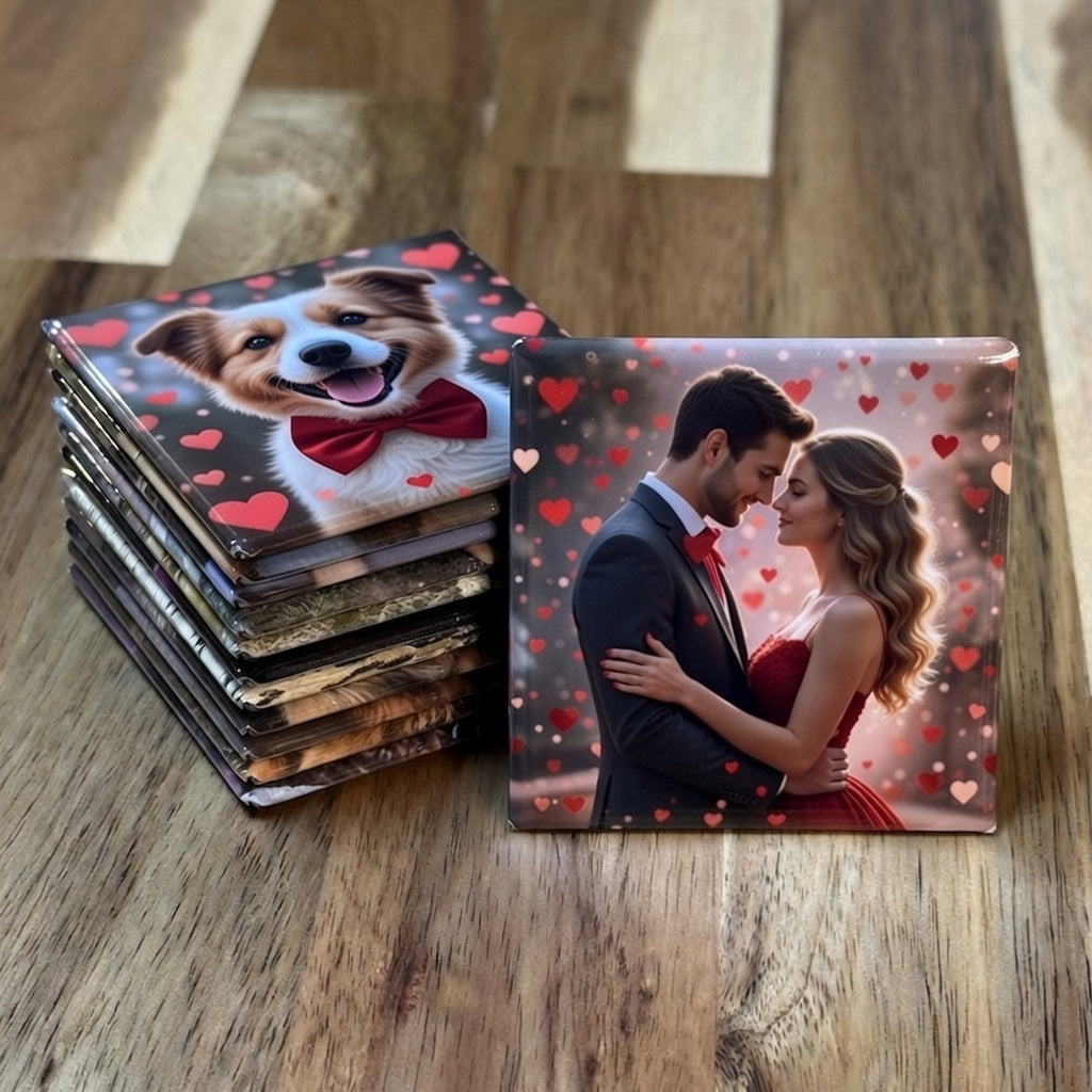 Romantic couple embracing forehead-to-forehead surrounded by floating red hearts, perfect Valentine's Day gift on a premium photo magnet from Teddy's Magnets
