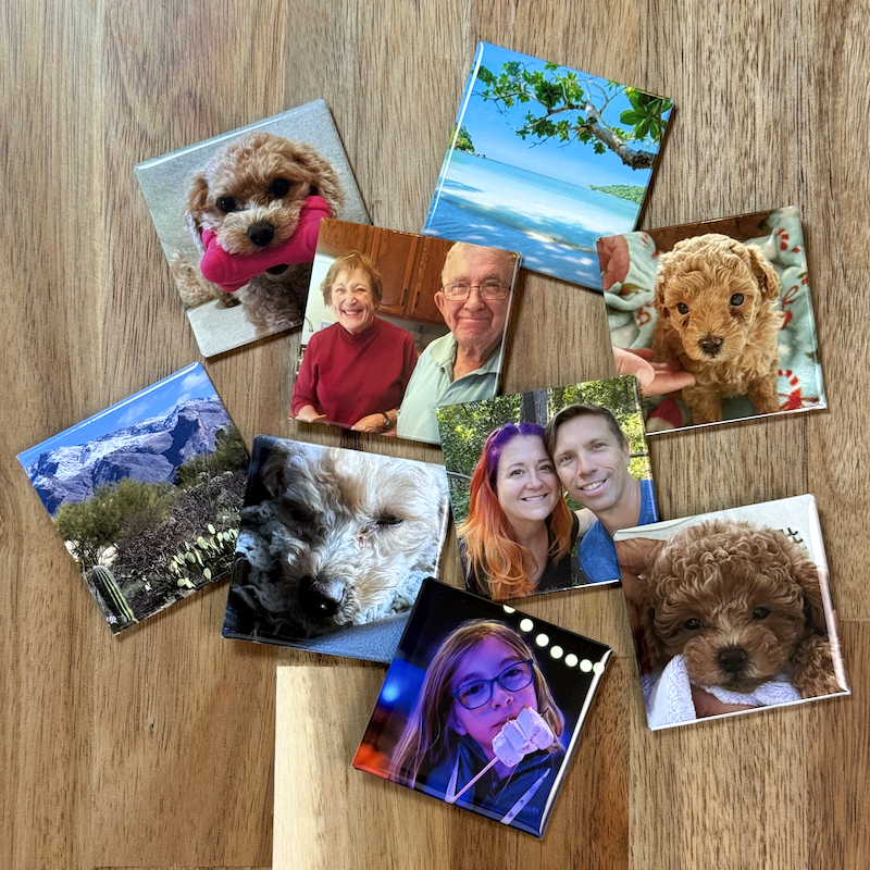 Collection of 2x2 inch custom photo fridge magnets arranged on a wooden surface, featuring personalized images of adorable dogs, family portraits, scenic landscapes, and fun moments like roasting marshmallows.