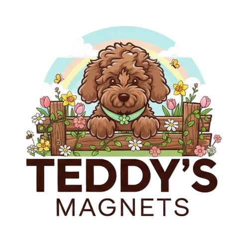Logo for Teddy's Magnets featuring a cartoon dog on a wooden fence with flowers and a rainbow in the background.