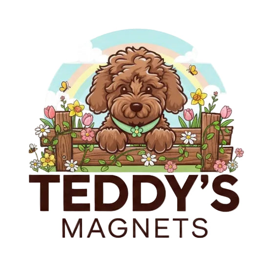 Logo for Teddy's Magnets featuring a cartoon dog on a wooden fence with flowers and a rainbow in the background.