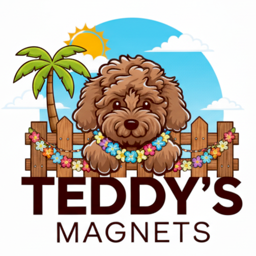 Teddys Magnets logo with a toy poodle outside during the summer