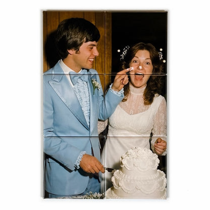 Photo mosaic magnet in a 2x3 portrait grid showing a couple cutting their wedding cake