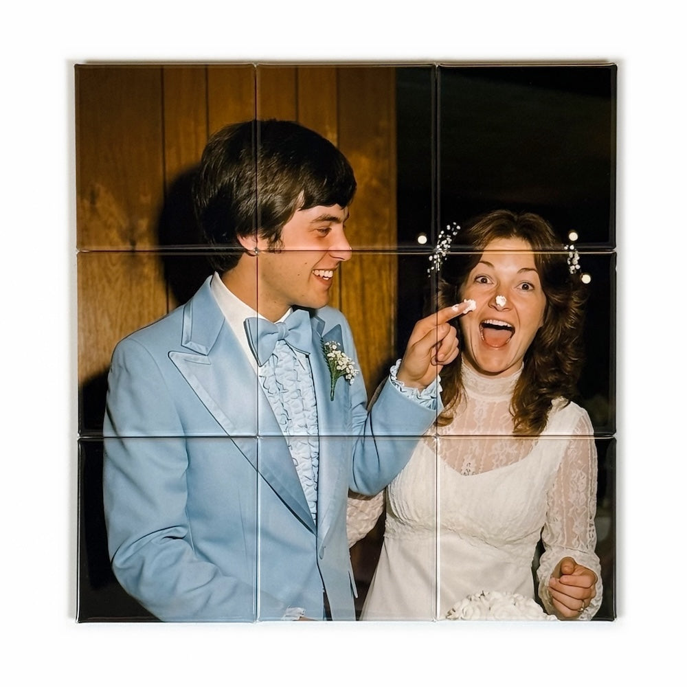 Photo mosaic magnet in a 3x3 square grid showing a vintage wedding photo of a bride and groom